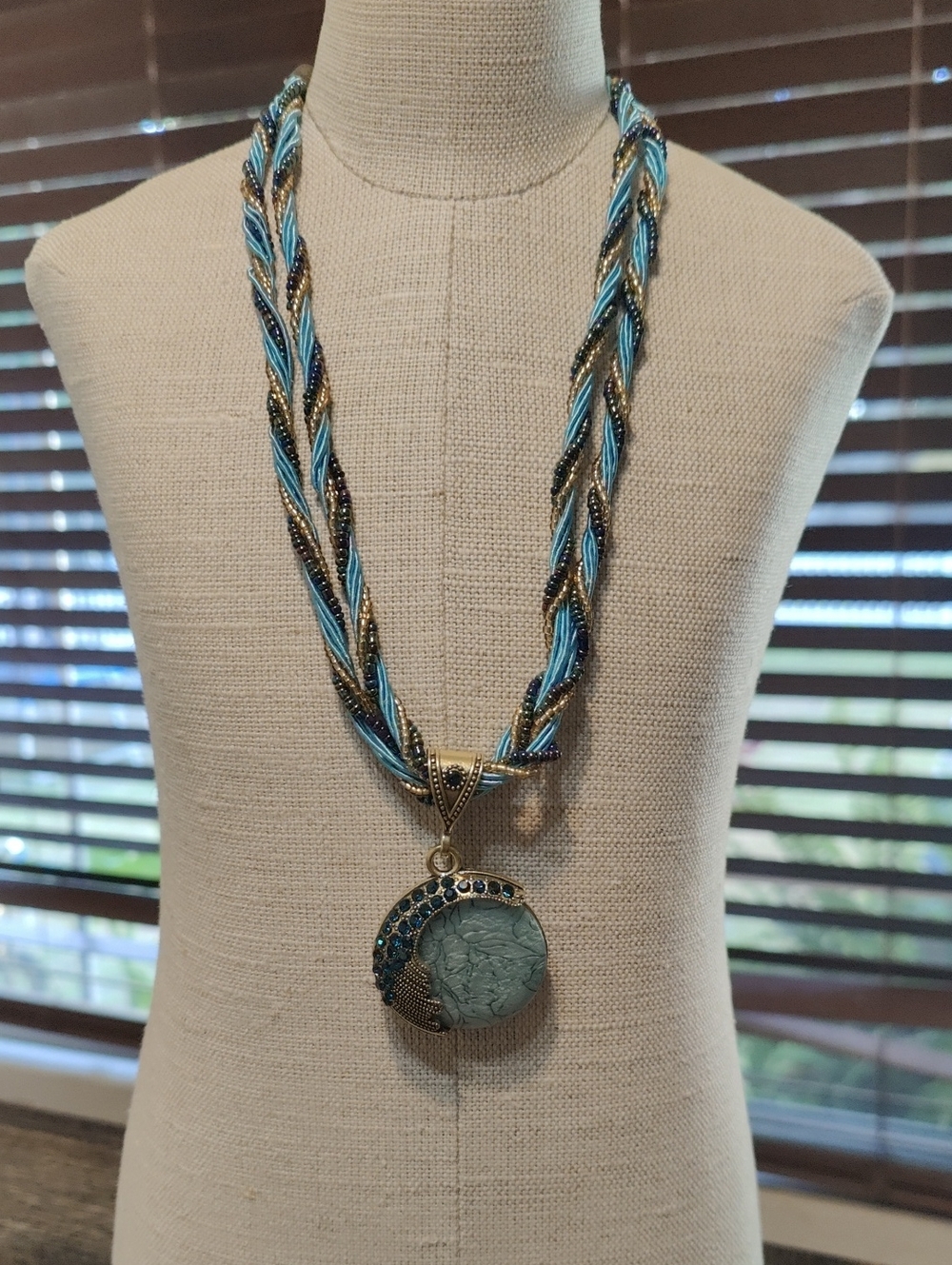 Blue and Gold Braided Pendant Necklace